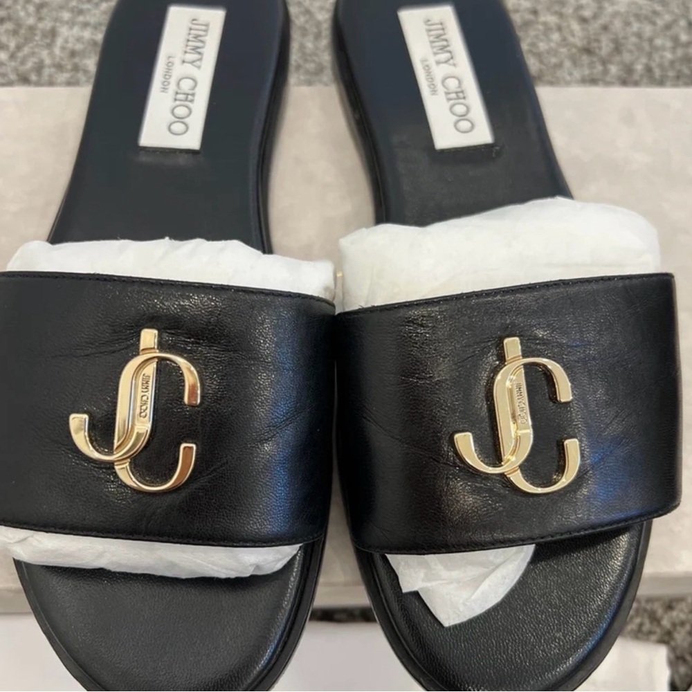 Jimmy Choo Black Slide Sandals with Gold Logo - Picture 2 of 4